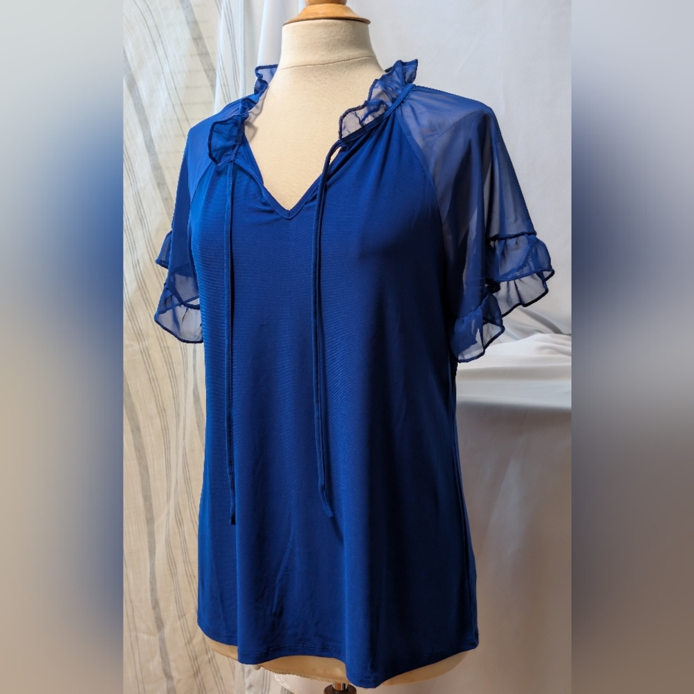 Sale Price Royal Blue Sheer Sleeve Pop Up Colar Women's blouse top. Zero 2 Eight - Picture 4 of 16
